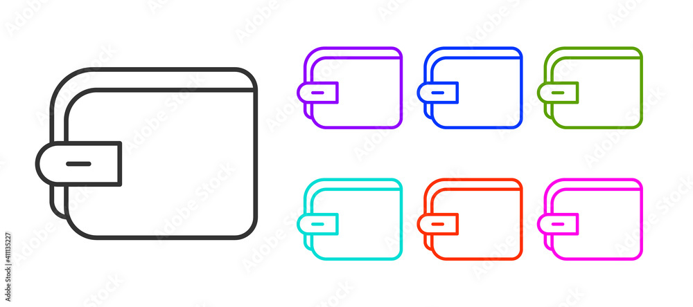 Black line Wallet icon isolated on white background. Purse icon. Cash savings symbol. Set icons colorful. Vector. Black line Wallet icon isolated on white background. Purse icon. Cash savings symbol. Set icons colorful. Vector.