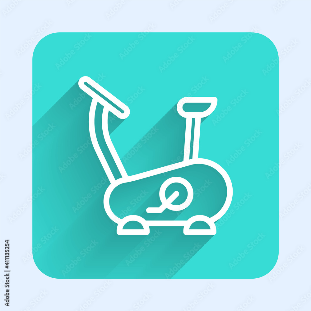 White line Stationary bicycle icon isolated with long shadow. Exercise bike. Green square button. Vector. White line Stationary bicycle icon isolated with long shadow. Exercise bike. Green square button. Vector.