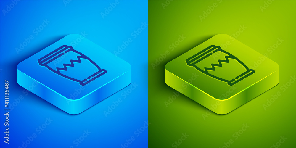 Isometric line Drum icon isolated on blue and green background. Music sign. Musical instrument symbol. Square button. Vector. Isometric line Drum icon isolated on blue and green background. Music sign. Musical instrument symbol. Square button. Vector.
