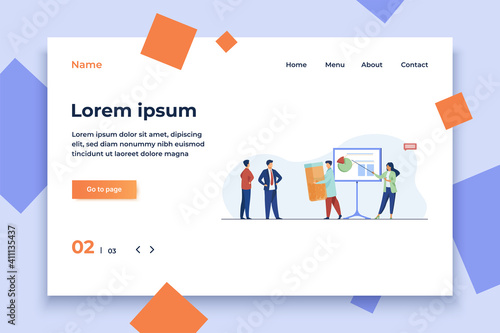 Drug developers presenting new meds to buyer. Presentation, pills, pharmaceuticals flat vector illustration. Pharmacy, business, partnership concept for banner, website design or landing web page