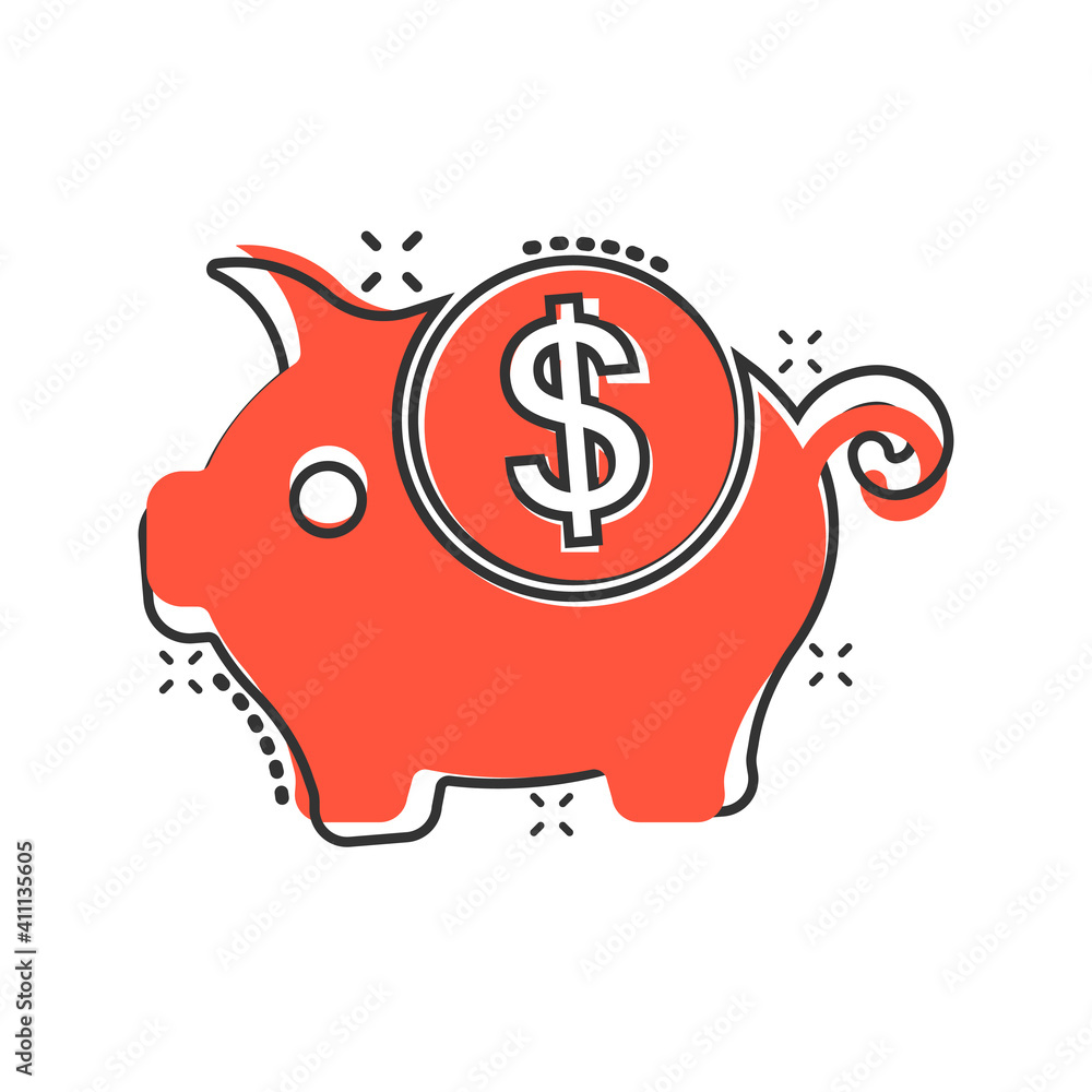Money box icon in comic style. Pig container cartoon vector illustration on white isolated background. Piggy bank splash effect business concept. Money box icon in comic style. Pig container cartoon vector illustration on white isolated background. Piggy bank splash effect business concept.