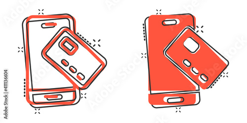 Smartphone paying icon in comic style. Nfc credit card cartoon vector illustration on white isolated background. Banking splash effect business concept.