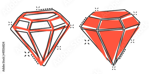 Diamond gem icon in comic style. Gemstone cartoon vector illustration on white isolated background. Jewelry brilliant splash effect business concept.