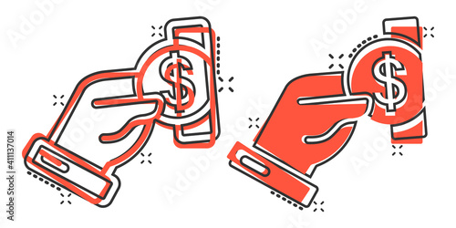 Remuneration icon in comic style. Money in hand cartoon vector illustration on white isolated background. Coin payroll splash effect business concept.