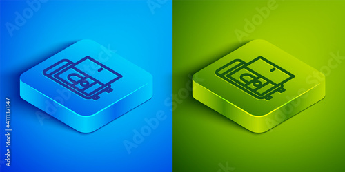 Isometric line Toilet in the train car icon isolated on blue and green background. Square button. Vector.