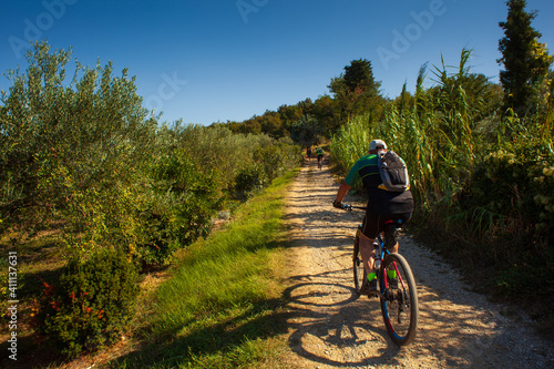Mountain Bike cyclist riding countryside track in Strunjanj, Slovenia