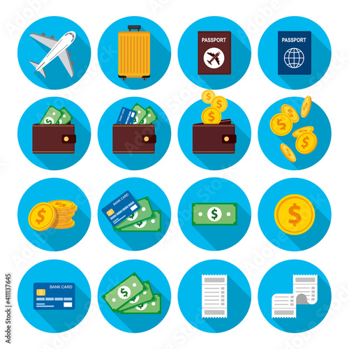 Big set of icons in a circle. Money, gold coins, green dollars, credit card. Cash and non-cash payments, a bag of money. Flight, plane, suitcase, passport, tourist, vacation, business trip-01.