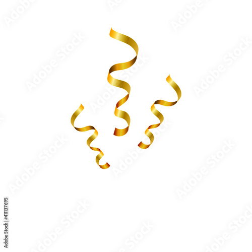 Shiny golden serpentine ribbon isolated on white. Confetti burst. Festive template.