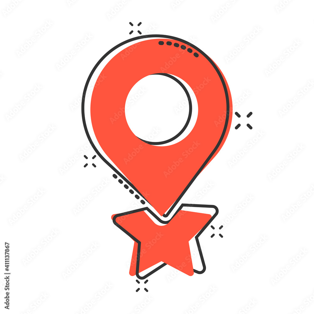 Map pin icon in comic style. GPS navigation cartoon vector illustration on white isolated background. Locate position splash effect business concept. Map pin icon in comic style. GPS navigation cartoon vector illustration on white isolated background. Locate position splash effect business concept.