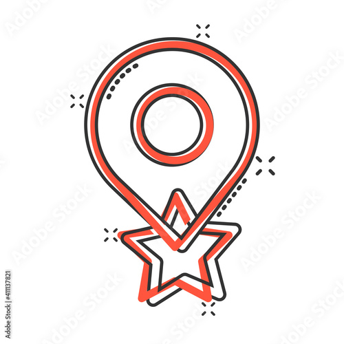 Map pin icon in comic style. GPS navigation cartoon vector illustration on white isolated background. Locate position splash effect business concept.