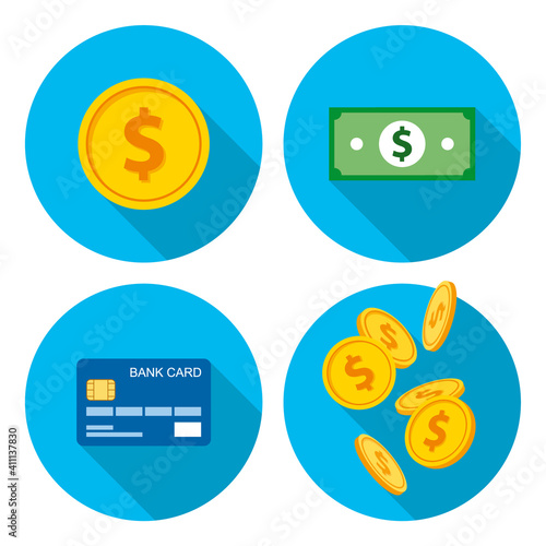 Set of 2D and 3D icons in a circle. Money, gold coins, green dollars, credit card-02
