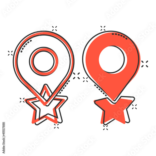 Map pin icon in comic style. GPS navigation cartoon vector illustration on white isolated background. Locate position splash effect business concept.