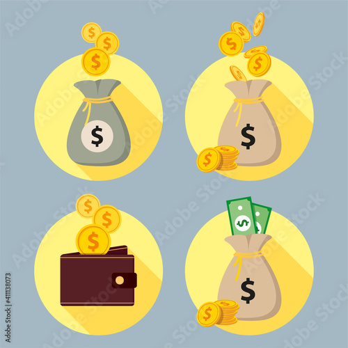 Set of 2D and 3D icons in a circle. Money, gold coins, dollars, wallet, money bag-01.