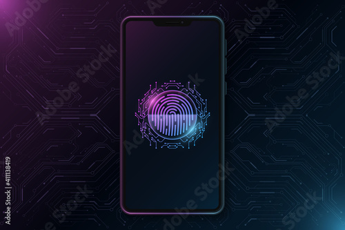 Smartphone mockup with futuristic fingerprint on touch screen. Biometric data security. Data protection. Scanning user interface for graphic design. Vector illustration.