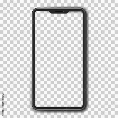 Smartphone with blank screen on a transparent light background. UI and UX. Dark mobile phone wireframe with buttons. Technological innovation element. Vector illustration.