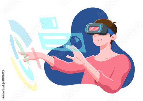 Man wearing virtual reality glasses doing data analysis