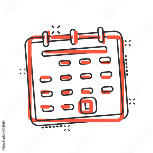 Calendar icon in comic style. Agenda cartoon vector illustration on white isolated background. Schedule planner splash effect business concept.