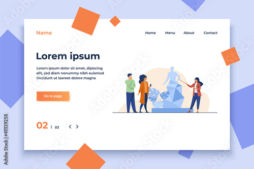 Guide telling about sculpture to tourists. Museum, travel, leisure flat vector illustration. Art and entertainment concept for banner, website design or landing web page