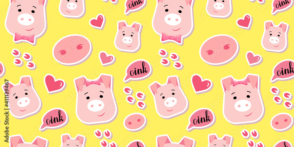 Cute piglet vector seamless pattern. Happy pig head with hand drawn lettering in cartoon style. Nice repeated illustration for fabric, kids pajamas, wallpaper, book cover.