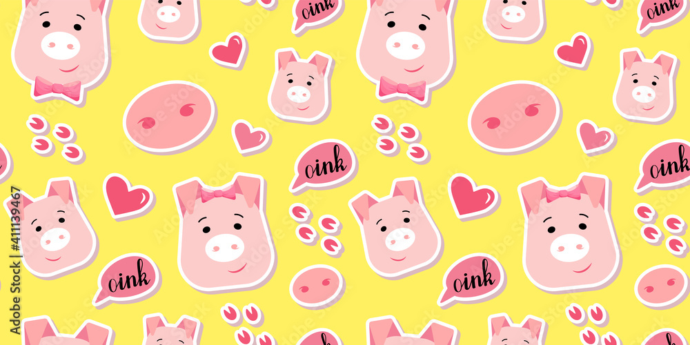 Cute piglet vector seamless pattern. Happy pig head with hand drawn lettering in cartoon style. Nice repeated illustration for fabric, kids pajamas, wallpaper, book cover. Cute piglet vector seamless pattern. Happy pig head with hand drawn lettering in cartoon style. Nice repeated illustration for fabric, kids pajamas, wallpaper, book cover.