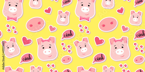 Fototapeta Naklejka Na Ścianę i Meble -  Cute piglet vector seamless pattern. Happy pig head with hand drawn lettering in cartoon style. Nice repeated illustration for fabric, kids pajamas, wallpaper, book cover.