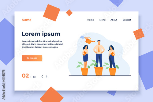 Employer growing business professionals metaphor. Hand watering plants and employees in flowerpots. Vector illustration for growth, development, career training concept