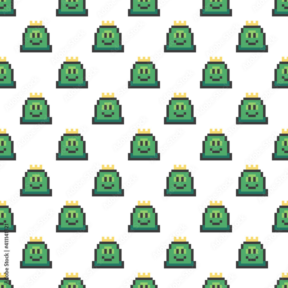 King slime vector seamless pattern background with pixel slime character in crown. King slime vector seamless pattern background with pixel slime character in crown.