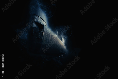Underwater submarine in the deep sea Concept of surprise attack War machine photo