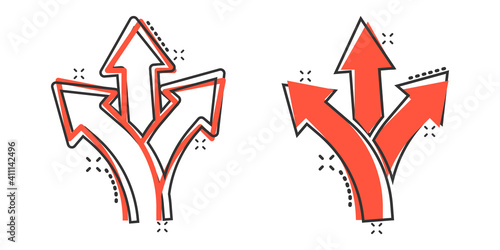 Crossroad icon in comic style. Road direction navigation cartoon vector illustration on white isolated background. Locate pin position splash effect business concept.
