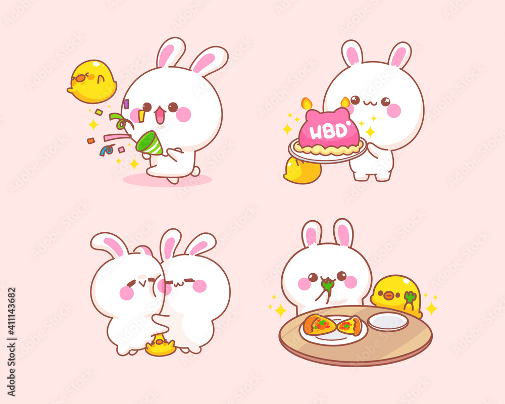 Set of celebrate rabbit with duck cartoon illustration Set of celebrate rabbit with duck cartoon illustration
