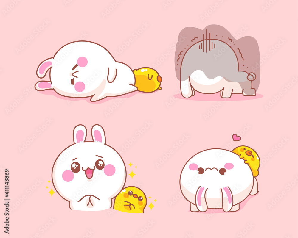 Set of cute rabbit with duck feel happy and sad cartoon illustration Set of cute rabbit with duck feel happy and sad cartoon illustration