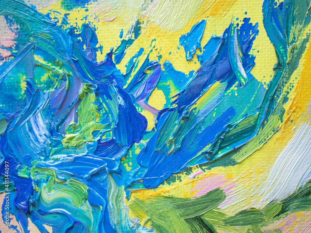Sunlight blue and yellow background. Macro texture. Closeup palette knife painting surface artistic wallpaper.