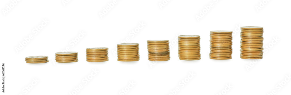 Stacked coins on white background. Investment concept Stacked coins on white background. Investment concept