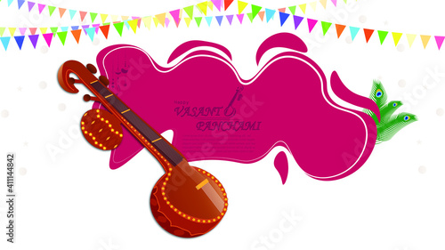 Illustration of Happy Vasant Panchami with sitar background. photo