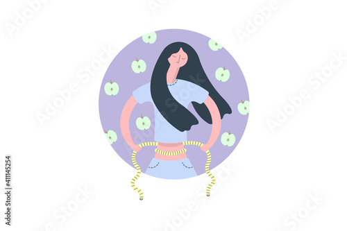 a girl on a diet, with an anorexia, sad and nervous about her weight in  a pastel colors with apples behind her and with  a tape measure in her hands
