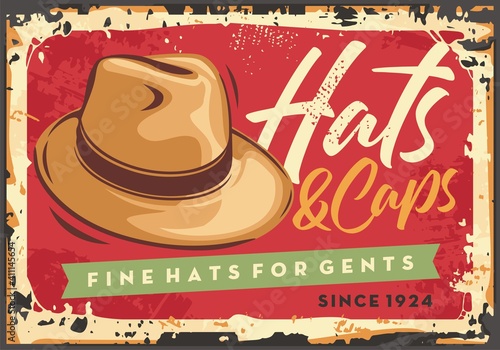 Men fashion store sign with hats and caps. Hat on the red background retro poster design. Vector illustration.