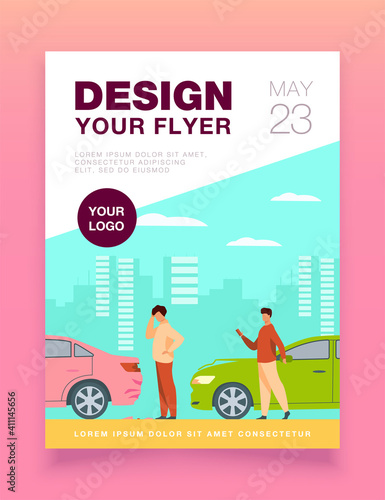Two men having car accident isolated flat vector illustration. Cartoon people looking at automobile damage. Emergency, incident and driving concept