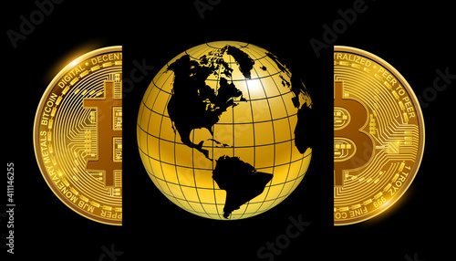 Earth globe with bitcoin split in half, business concept background gold and black economy symbol, vector illustration.