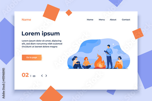 Campfire, camping, story telling concept. Cheerful people sitting at fire, telling scary stories, having fun. For summer outdoor activities or leisure time with friends topics