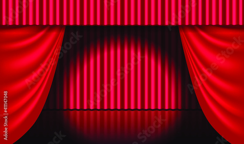 Theatrical scene. Red theater curtain and searchlight beam. Entertaiment scene background.