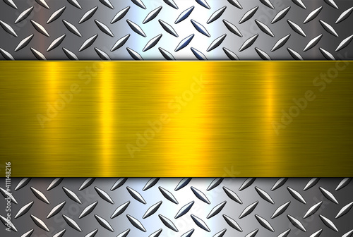Background silver gold metallic, 3d chrome vector design with diamond plate sheet metal texture.