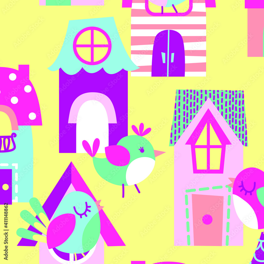 cute bird with house vector  pattern seamless background , for wrapping paper, greeting cards, posters, invitation