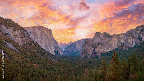 Yosemite valley nation park during sunset view from tunnel view on twilight time. Yosemite nation park, California, USA. Panoramic image. © tanarch