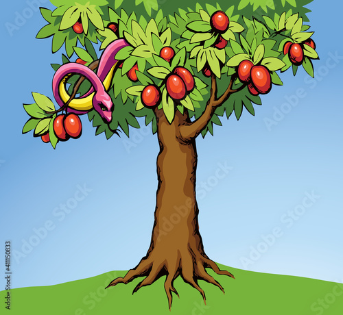 Serpent on the tree. Knowledge of good and evil. Vector drawing