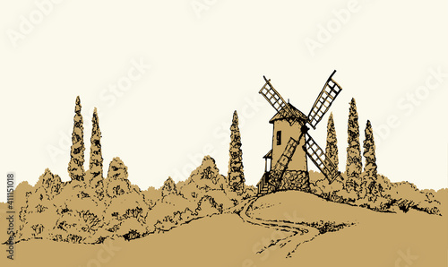 Vector drawing. The outline of the summer landscape with mill