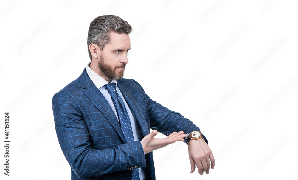 Watch is a new style. Senior manager point finger at wrist watch. Time management Watch is a new style. Senior manager point finger at wrist watch. Time management