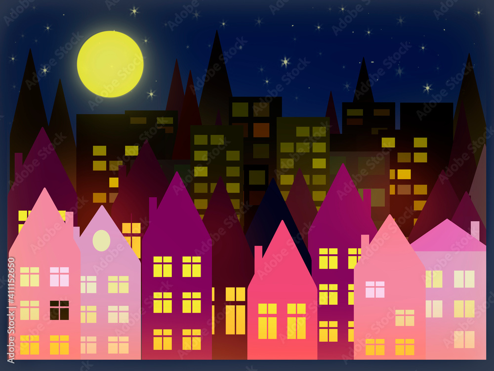 Drawn night city. The moon over the rooftops.