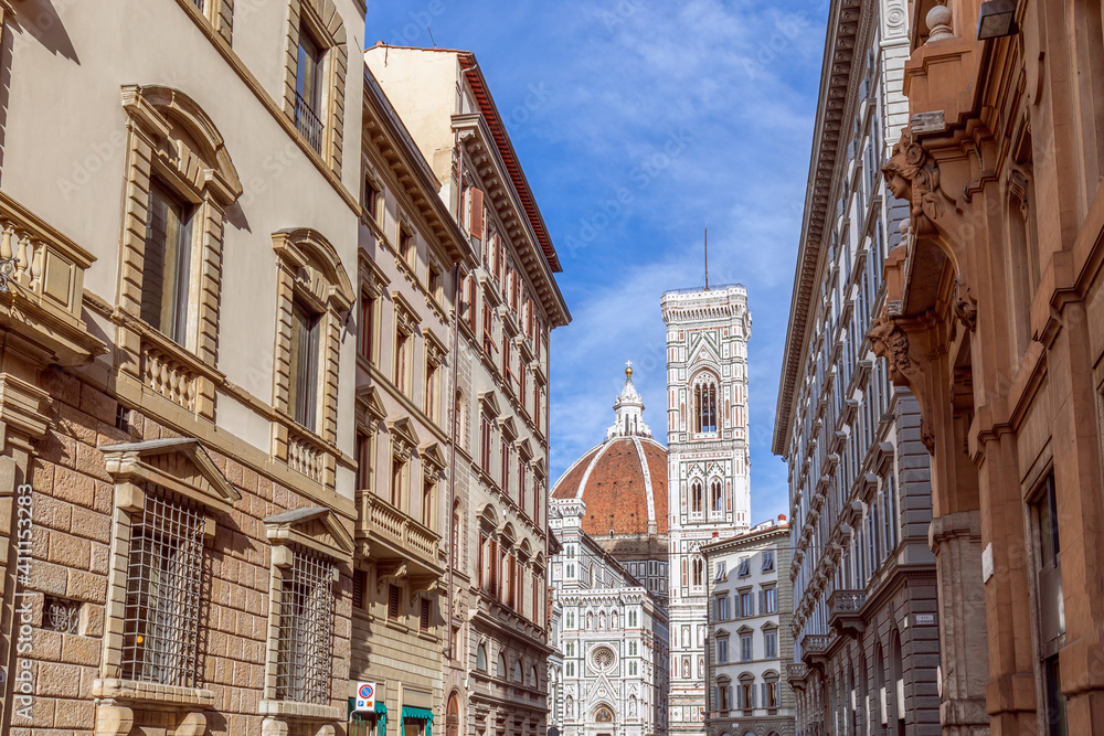 The street leading to Florence Cathedral (Cattedrale di Santa Maria del Fiore) Florence, Italy