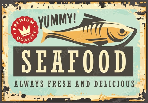 Marine restaurant with daily fresh fish . Seafood menu retro sign decorative layout. Vector illustration for bistro or Mediterranean food diner.