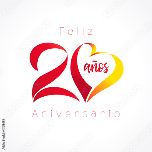 20 creative decorative numbers and calligraphic text in Spanish Happy Anniversary. 20 years in Spanish language. Happy Valentines Day congrats decoration idea Isolated abstract graphic design template